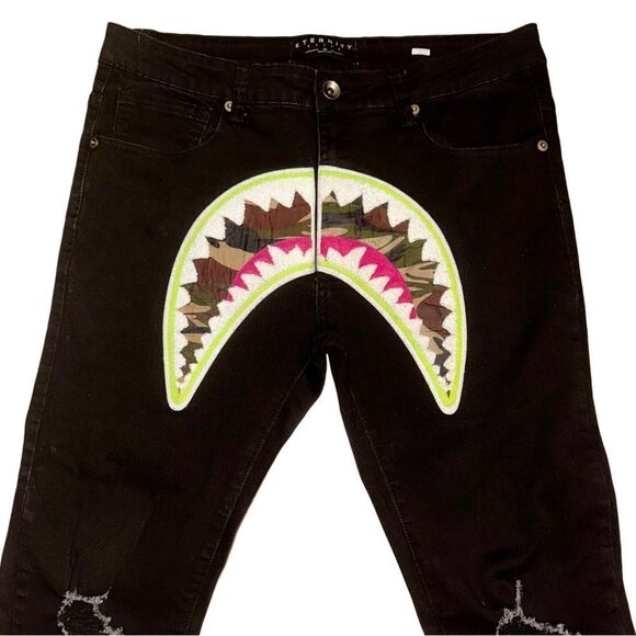 Eternity Camo Shark Mouth Neon Color Pop Denim Black Jeans Men’s Size 34 - Picture 3 of 12